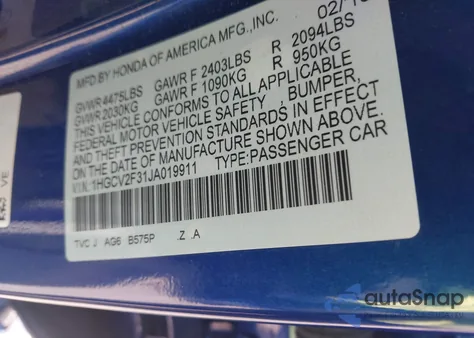 2018 Honda Accord Sport 2.0T из США, поврежденный, VIN 1HGCV2F31JA019911